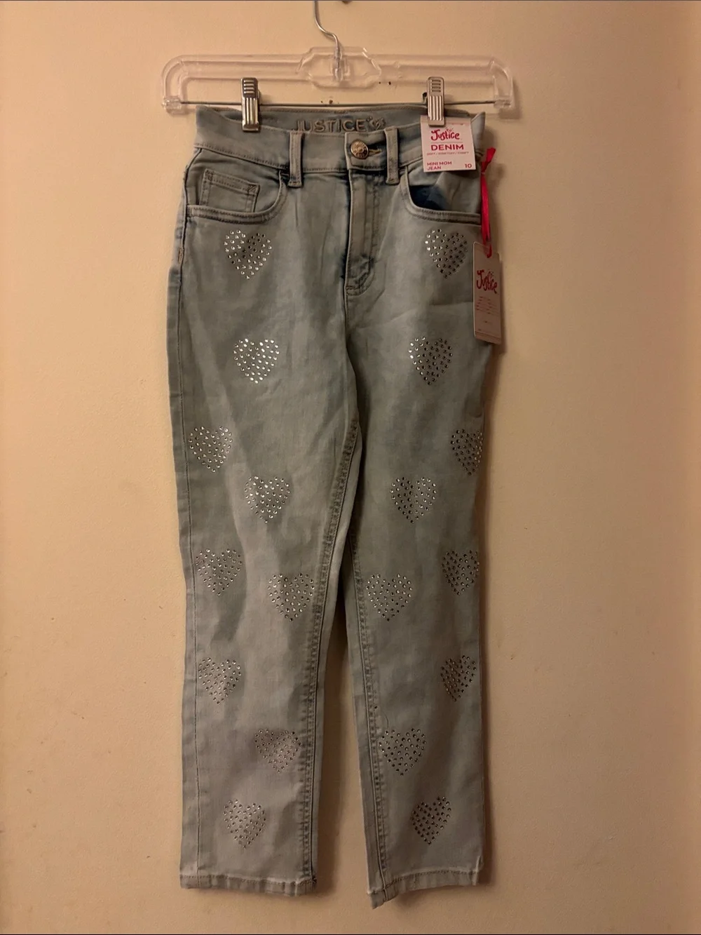 Justice Light Blue Skinny Jeans with Heart Studs